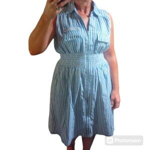 Striped elastic waist sleeveless mid length dress with full front zipper closure